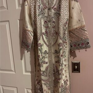 Embroidered Cream and Pink Long Dress
